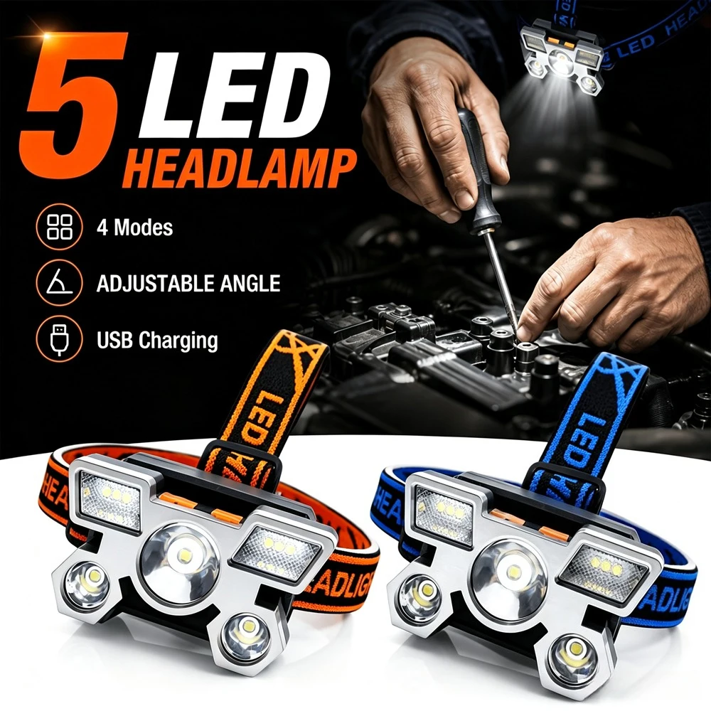Fishing Headlamp - 5*LED Hochleistungs-Stirnlampe, superhell, USB-aufladbar, für Outdoor-Aktivitäten
