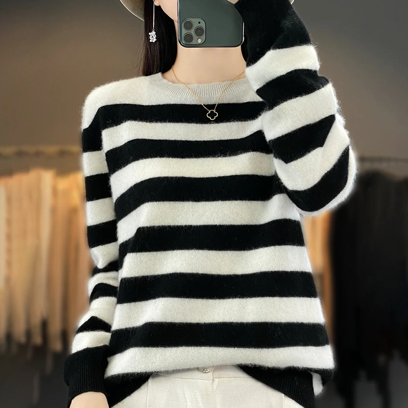 

Women's Sweater Winter 100% Pure Wool Hoodie Casual Striped Knitted Blouse Round Neck Loose Tops Versatile Basic Base Sweater