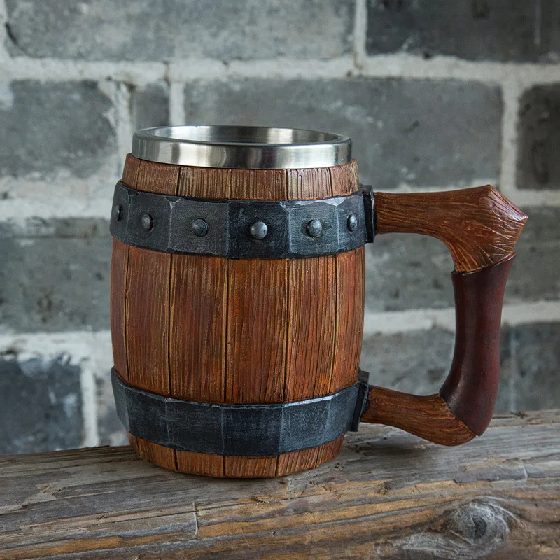 Viking Retro Beer Mug Resin 304 Stainless Steel Imitation Wood Coffee Cup Double Wall Mug Beer Jug Water Cup Barware Men's Gift - view 3