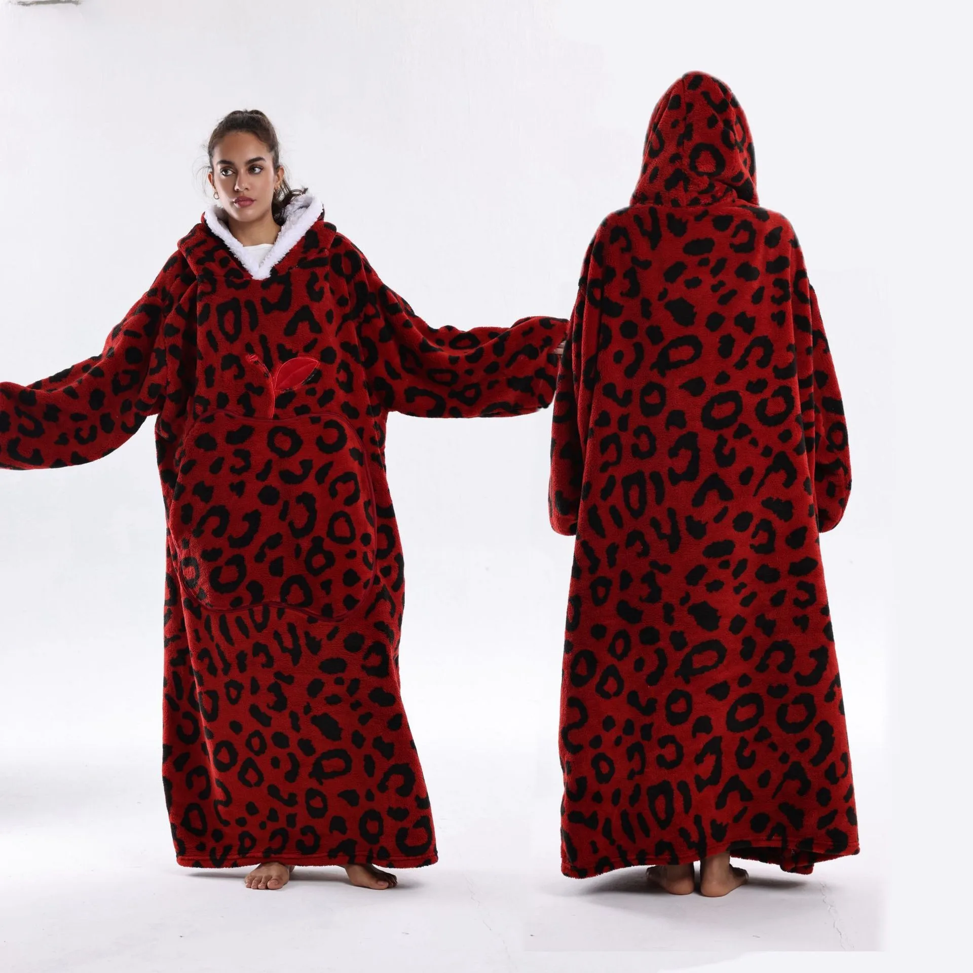 140cm New Leopard Print Long-sleeved Hooded Wearable Blanket Sweatshirt Pullover Hoodie Large Size Warm and Thickened Design