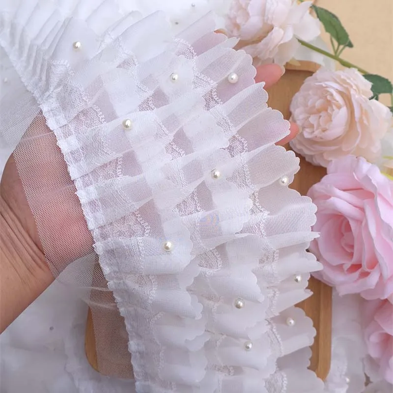 

10yds 3 Layers Beaded Pleated Chiffon 3D Lace Ribbons Trim For DIY Wedding Garment Dress Collar Applique Guipure Sewing Supplies