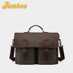 Jamhoo Vintage Canvas Men Laptop Briefcase Retro Leather Shoulder Crossbody Bags Waterproof Bag Business Leisure Bag Handbag