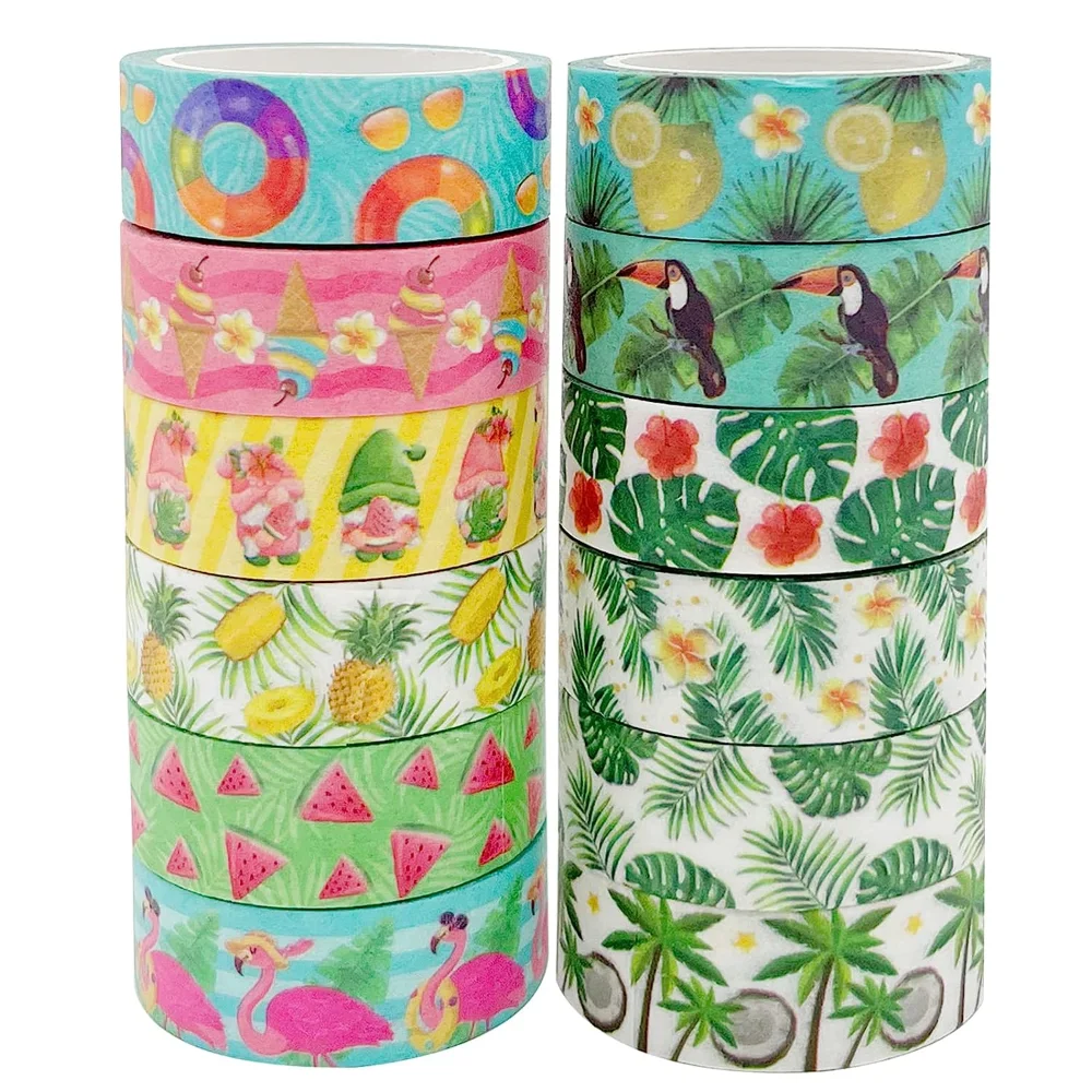 12 Rolls Hawaiian Summer Washi Tape Set Colorful Tropical Leaves Fruit Watermelon Pineapple Decorative Masking Tape Stickers