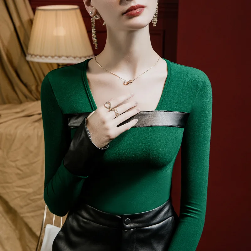 MadBlack-Women European Brushed T-Shirt, Sexy Square Collar PU Patchwork, Streetwear Flare Sleeve Slim Tee, 2025 Winter T5D345CC