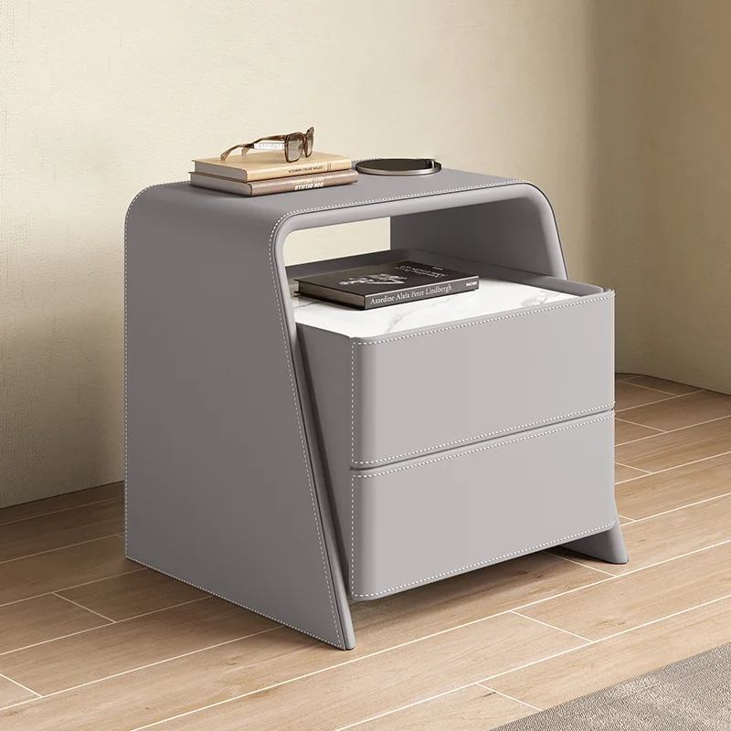 New model Cream wind rock slab saddle leather solid wood bedside table bedroom storage cabinet sturdy and durable