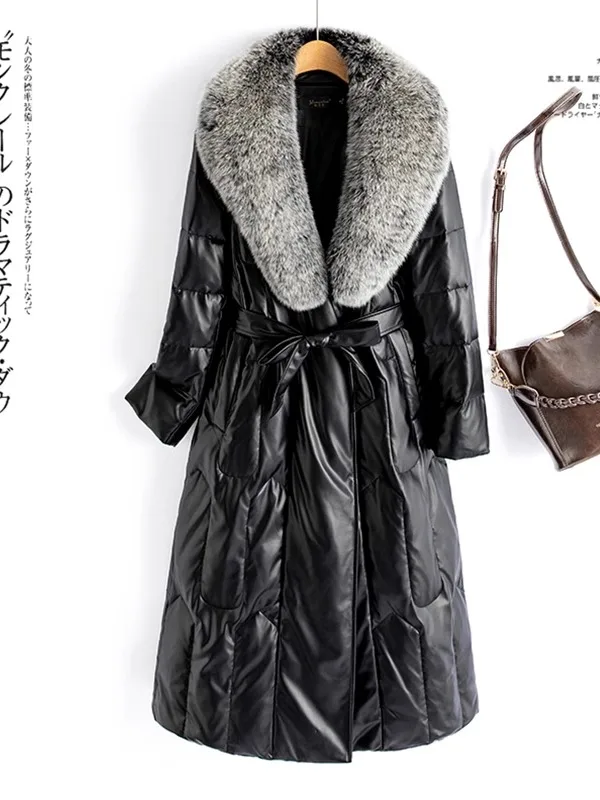 

Зимняя женская кожаная куртка средней длины с меховым воротником, приталенная, в корейском стиле, из утолщенной овчины Хайнин, коллекция 2025 года