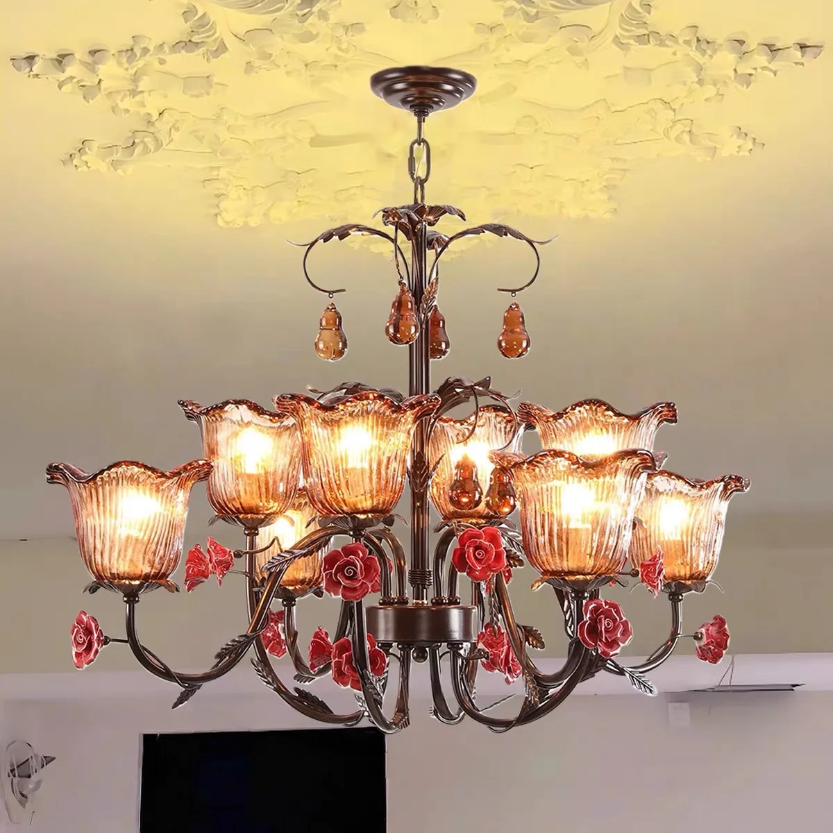 

French medieval style living room dining room bedroom shop hall duplex building villa homestay ceramic flower European chandelie