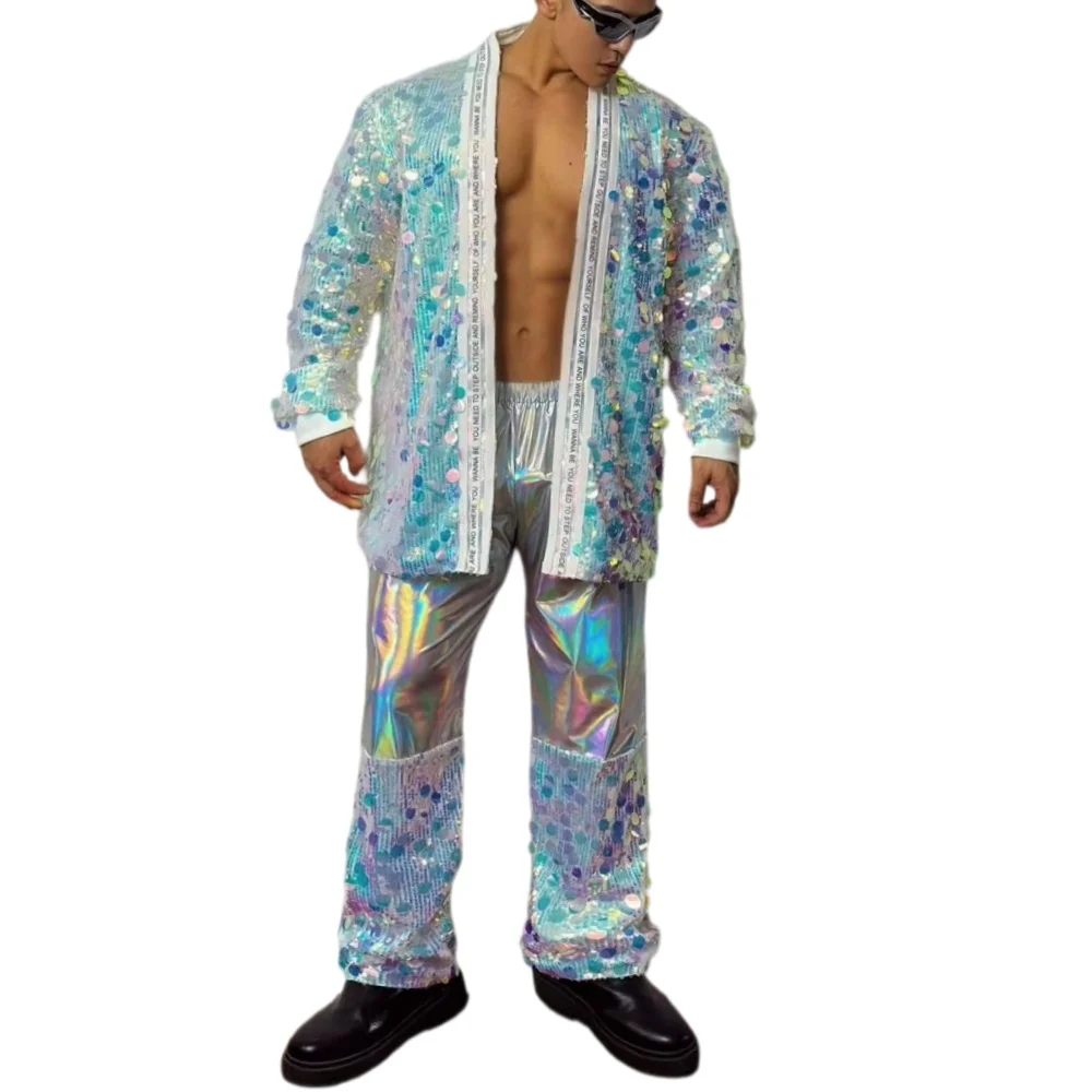 Men's Flashing Sequins Performance Outfit Jazz Dance Costume Coat Pants 2 Piece Set for Bar Nightclub Singer Concert Stage Wear