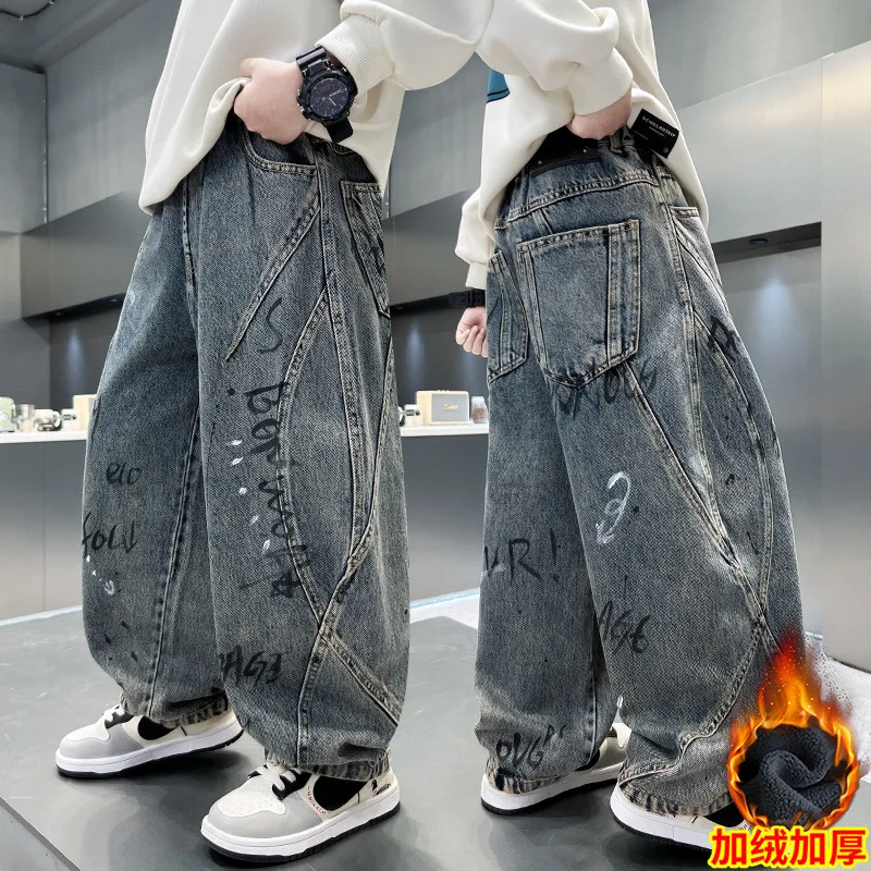 

Retro Dark Blue Winter Warm Jeans For Teens Boy Classic Thickened Insulated Denim Pants Child Thermal Jeans Trousers For Kids