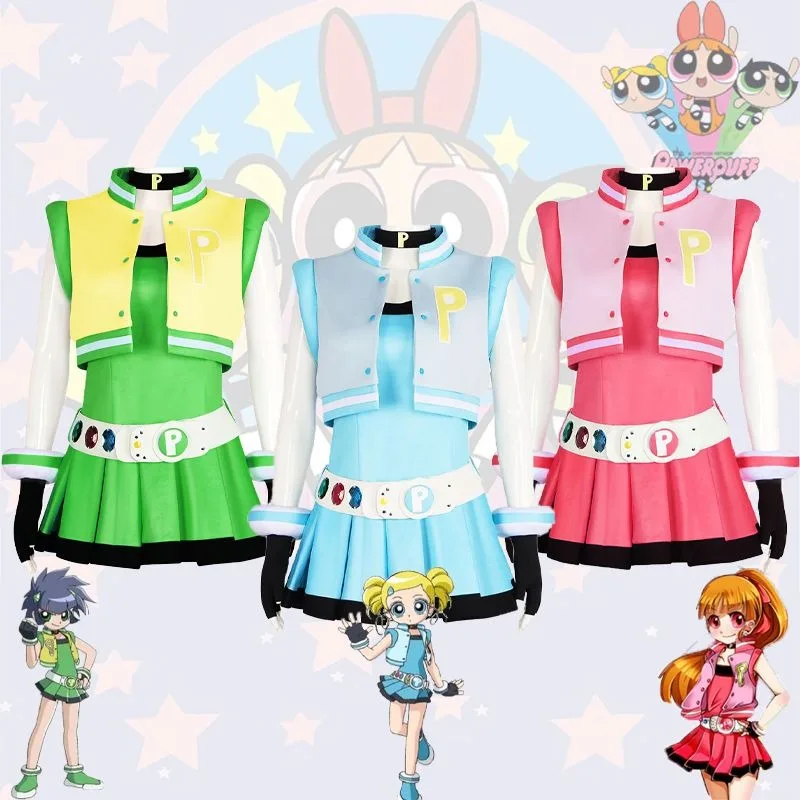 Powerpuff Girls anime peripheral cartoon personality creative flower bubble furry college style pleated skirt cosplay clothing