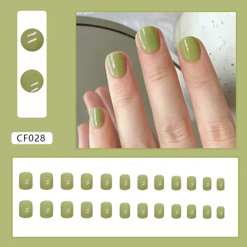 24Pcs/Box Matcha Green Short Style Fake Nails Press on  False Nail Tips with Glue Sticker Nail Set    Art