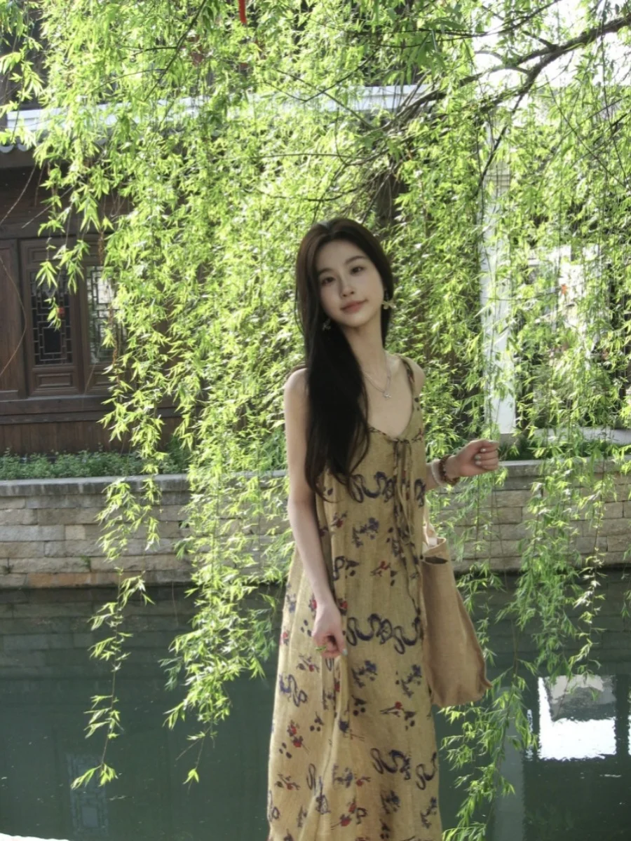 

French retro plant flower print slip dress women's summer loose casual lace-up holiday wind sundress