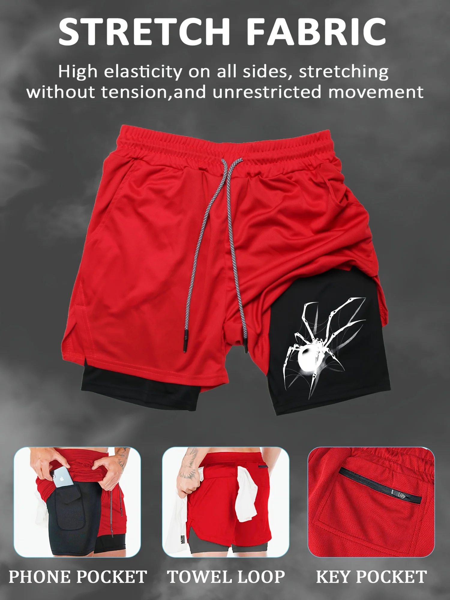 

Printed men's sports shorts with double-layer multiple pockets, quick-drying running pants, training and fitness shorts
