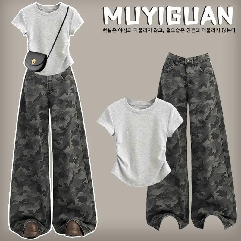 

2026 Summer Set Korean-Style Short Sleeve T-Shirt Casual Camouflage Wide Leg Pants Jeans Two-Piece Set
