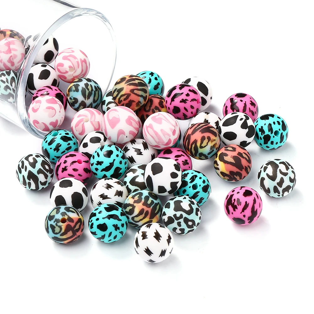 10Pcs Silicone Beads 15mm Colored Round Leopard Print Focal Beads DIY Necklace Bracelet Keychain For Jewelry Making Handmade