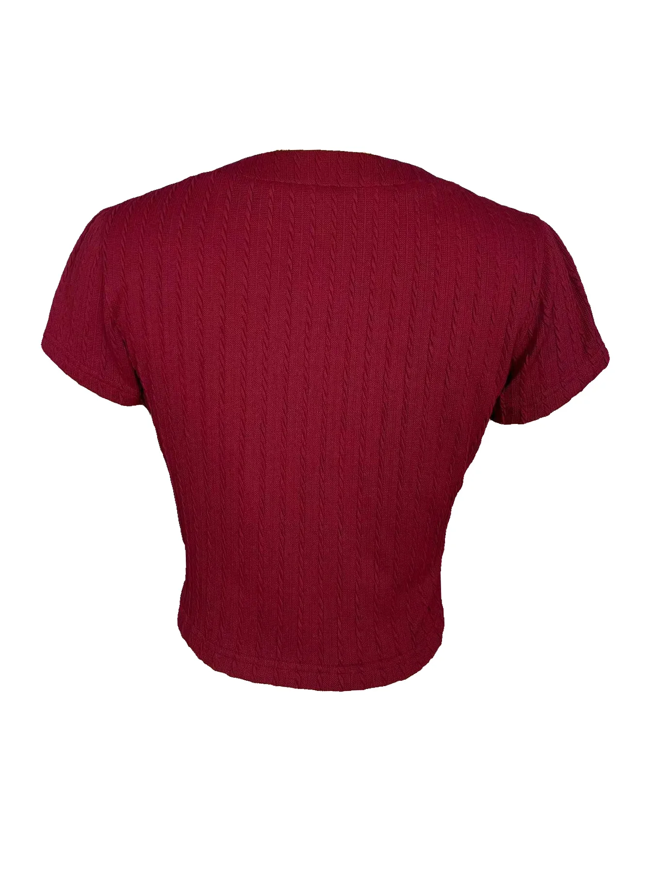 Cardigan tricoté rétro rouge vin, manches courtes, col rond, design élégant avec boutons, haut court pour femme