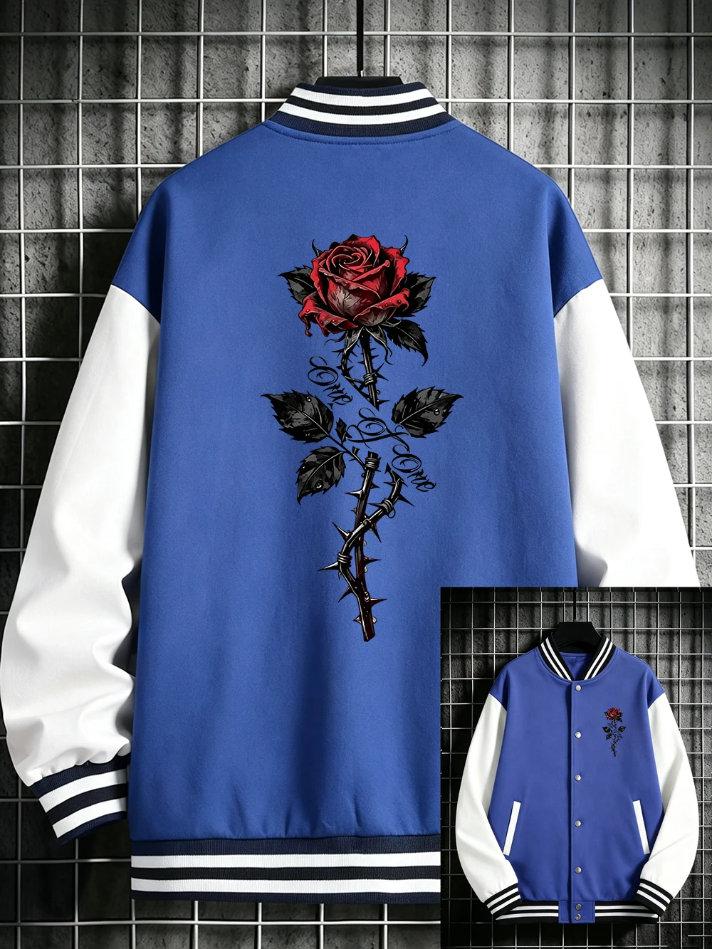 Vintage-Rosen-Print-Jacken für Männer, Lässige Baseball-Jacken, Winter-Fleece, Warme Bequeme Mäntel, Casual-Jacken mit Taschen, Herrenbekleidung – Detail 11