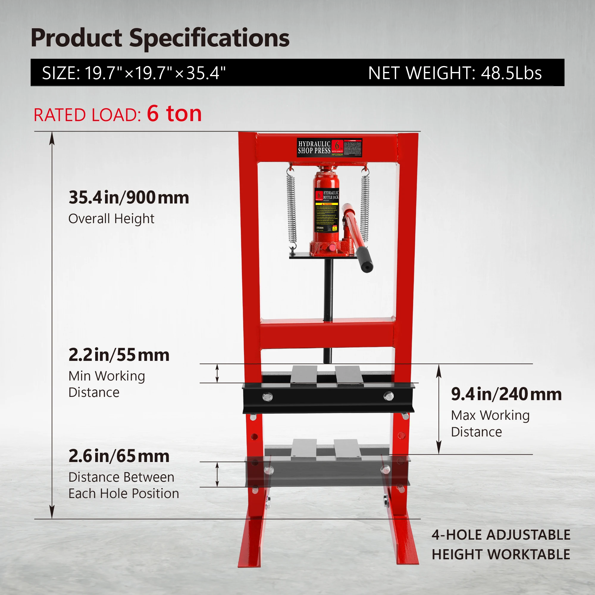 Hydraulic 6 Ton H-Frame Garage Floor Adjustable Shop Press With Plates