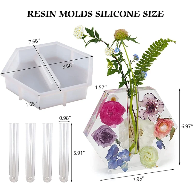 Large Resin Molds For Vase Plant Propagation Station, Hexagon Shaped Epoxy Resin Molds With 4 Test Tubes For Hydroponic