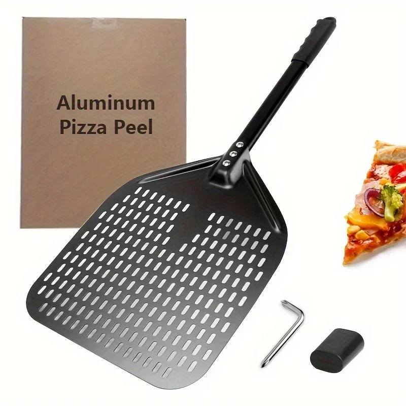 1PC Perforated Pizza Peel, 30.48 X 35.56 Cm Rectangular Pizza Transfer Peel, Professional Aluminum Turning Pizza Paddle