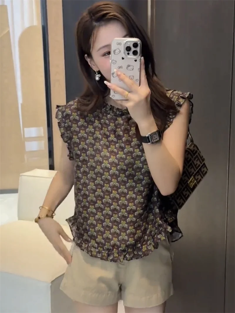 

Retro Floral Print round Ne Svel Vest Women's Summer New Design Sensation Small ence Beautiful Top Korean Sle C...