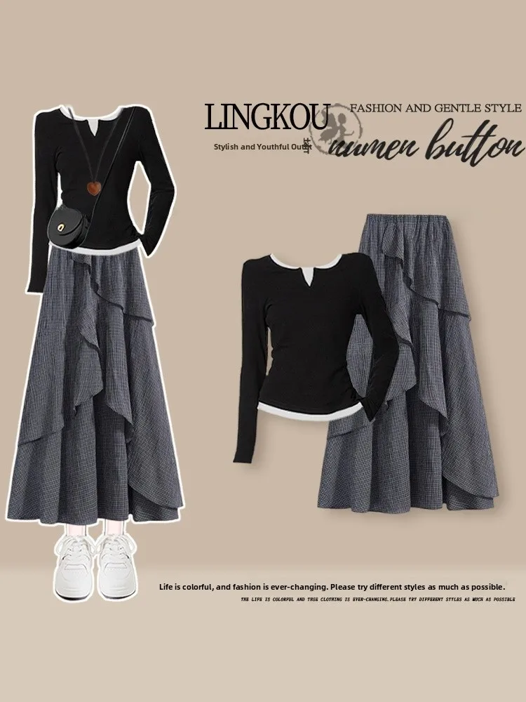 

Soft Gentle Early Autumn Women's Korean Style Anti-Aging Two-Piece Set T-Shirt with Asymmetrical Skirt Fashionable Ensemble
