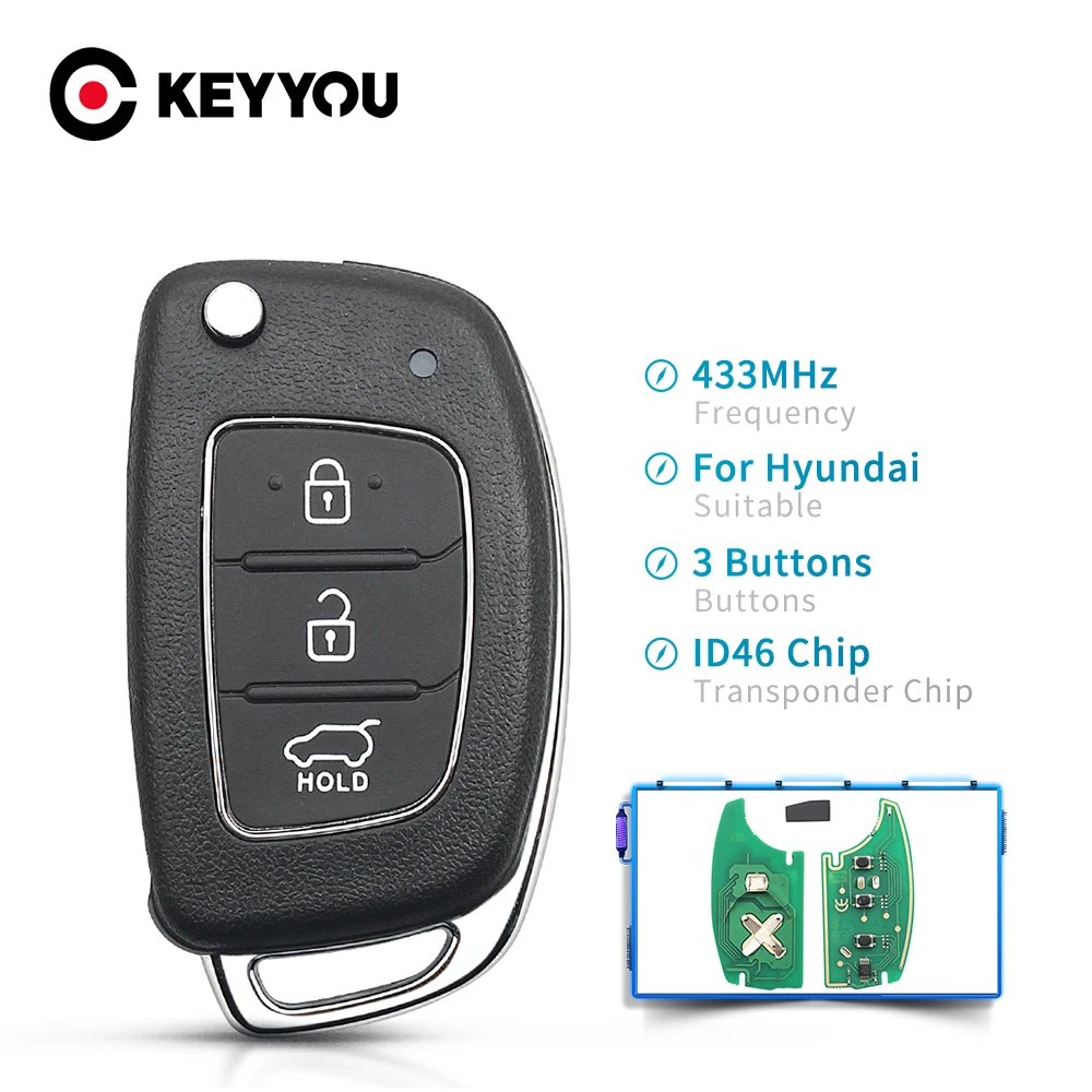 

KEYYOU Flip Folding Remote Key 3 Button 433Mhz Transponder Chip ID46 TOY40 blade For Hyundai New IX35 IX25 IX45 Elantra Santa