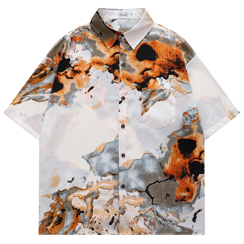 

Мужская пляжная рубашка с абстрактным принтом и коротким рукавом, летняя свободная уличная одежда на пуговицах в гавайском стиле, повседневная верхняя блузка 2025
