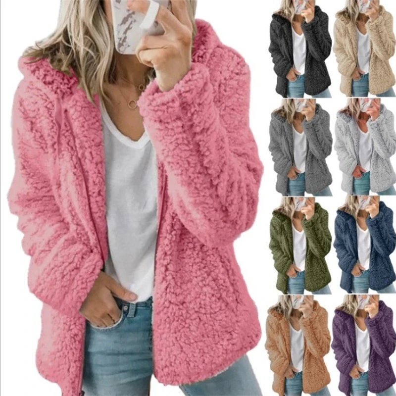 Casaco de lã com capuz feminino com zíper, casacos de caxemira, manga comprida, solto, monocromático, velo, moda feminina, inverno, novo