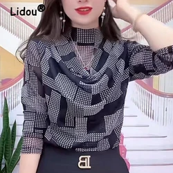 Women's Plaid Print Sexy Sheer Mesh Elegant Basic T-shirts Spring Autumn Fashion Half High Collar Long Sleeve Slim Pullover Tops