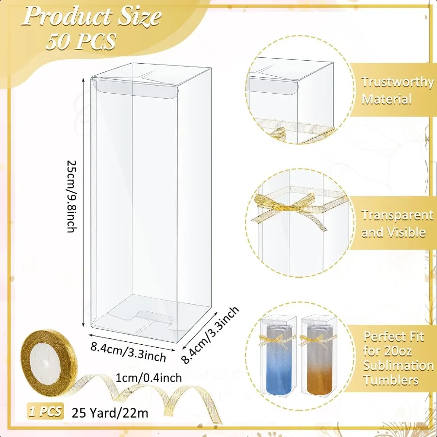 50 Stück Becher-Geschenkboxen, transparente Becher-Verpackungsbox mit Band für Sublimationsbecher, kompatibel mit Stanley 11oz 12oz 15oz