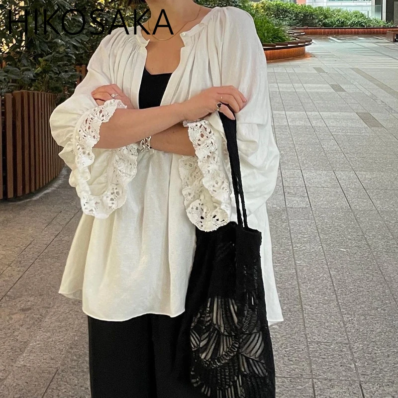 O-neck Loose Lantern Sleeve Linen Shirts Solid Casual A-line Lace Patchwork Chic Blouses Spring Summer Lady Top Solid Blusas