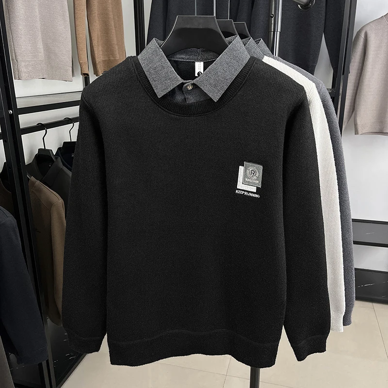 Designer Quality Men's Lapel Pullover Fake Two-Piece knitwear Winter New Arrival Embroid Fleece Thicken Sweater Fashion Menswear