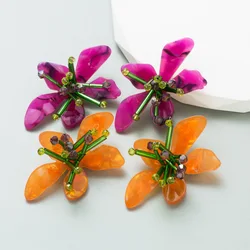 Yellow Fuchsia Big Acrylic Flower Earrings for Women Stud Earrings Beach Jewelry