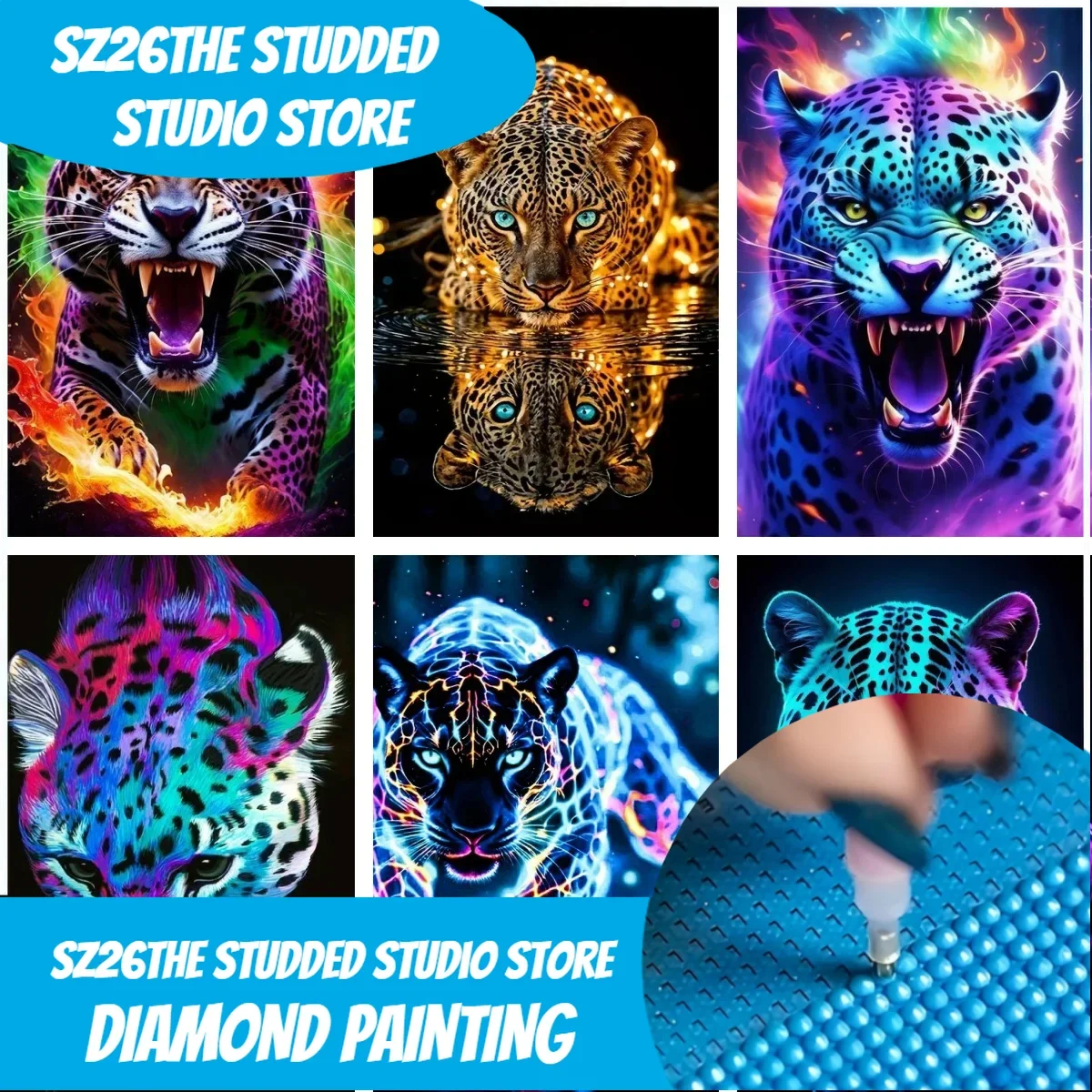 Sz26 Kit de pintura de diamantes con tachuelas para adultos, póster de Jaguar salvaje, decoración de pared de grandes gatos, fotografía