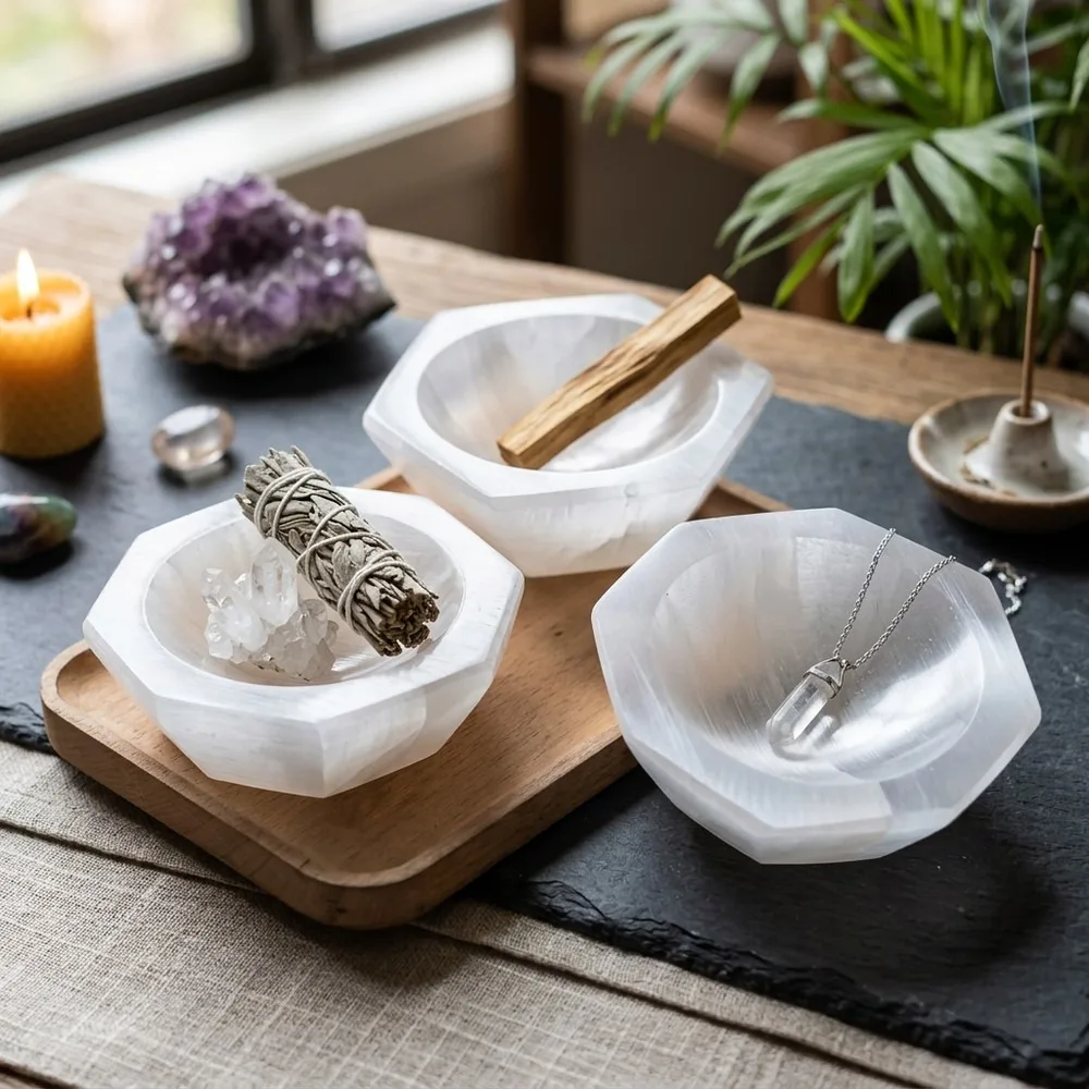 Handcrafted Hexagonal Selenite Bowl, Octagon Crystal Charging Plate, Natural Stone Home Decor, Reiki Gift, Non-Food
