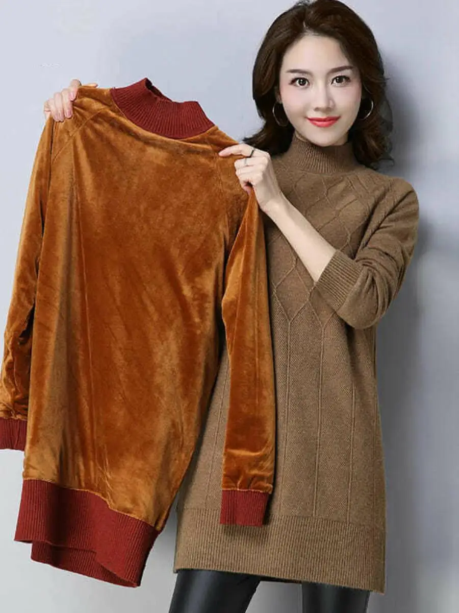 

Fce Lined High Ne Knit Sweater Women's Overhead Slim Fit Midi Length Thermal Wrap around Skirt Dr Autumn Winter
