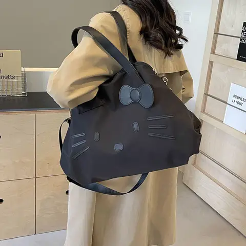 Sanrio Hello Kitty Svart Axelväska Y2K Söt Hopfällbar Stor Resväska San Liou Casual Handväska Tecknad Bärbar Mångsidig Handväska 8 best sales svart Hello Kitty-väska - №5
