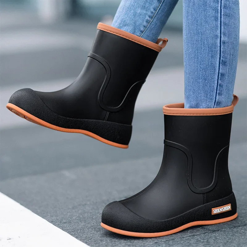 Korean Style Women's Rain Shoes Fashionable Outerwear Lightweight Non-Slip Rubber Shoes Adult Mid-Calf Rain Boots Kitchen Work S