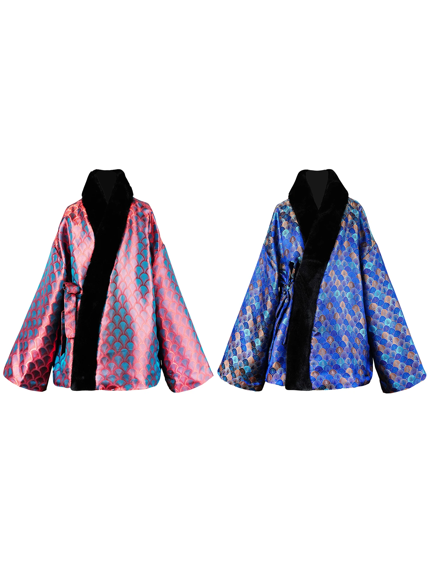 

New Year Silk Tka Embroidered Satin Gold Weaving Fish Scale Pattern Double Color Splicing Eco-friendly Mink Collar Hanfu Top