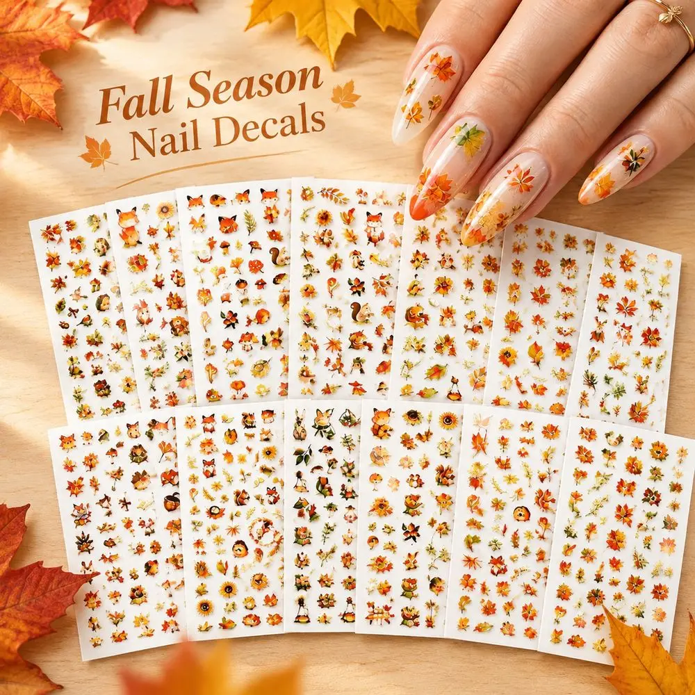 12Pcs Luxury Fall Nail Decals Gold Foil Pumpkin Fox Maple Leaf Self Adhesive Metallic Sliders DIY Nail Decals Accessory Set
