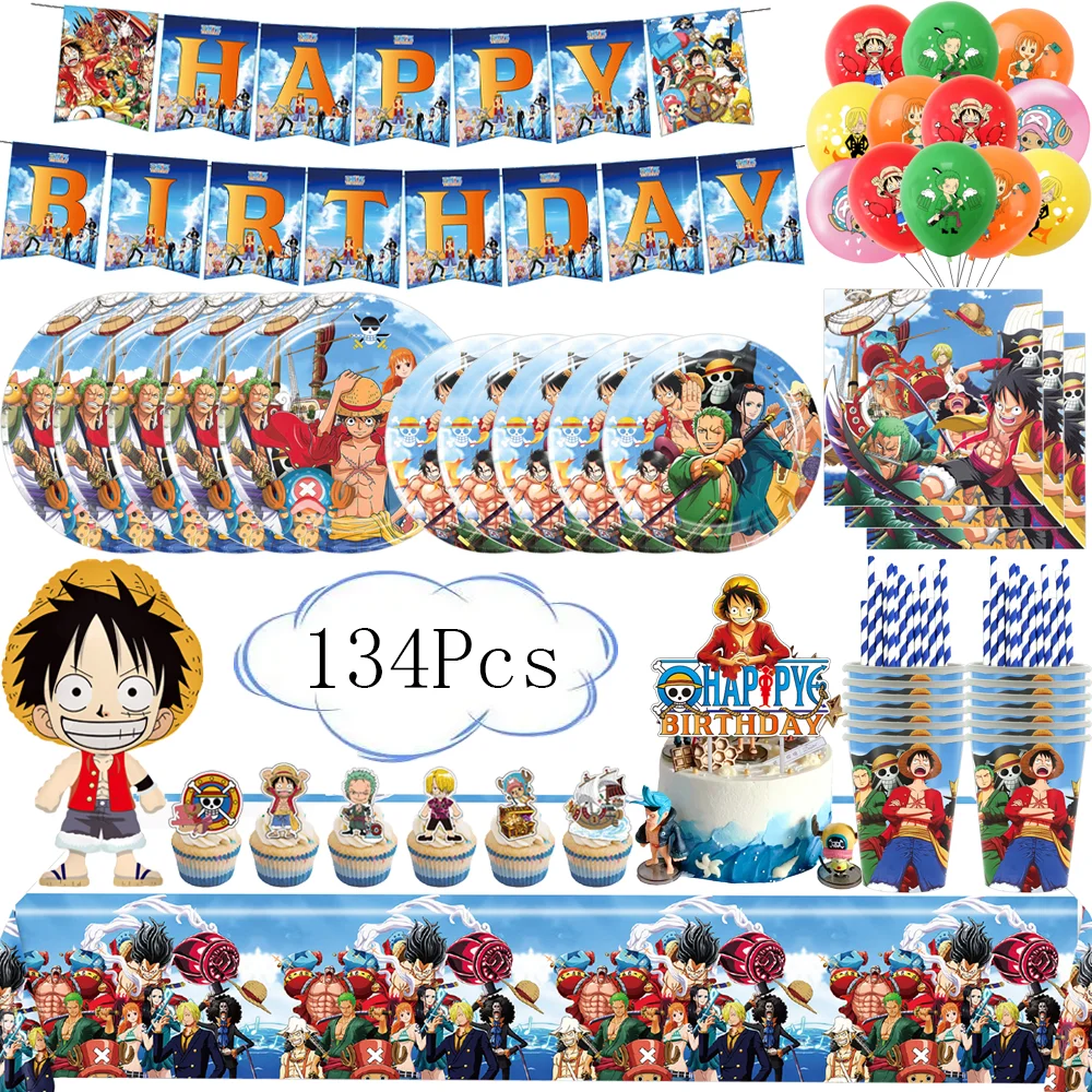 

Cartoon One Piece Party Decorations Luffy Foil Balloons Disposable Party Tableware Tablecloths Plates Cups Baby Shower Supplies