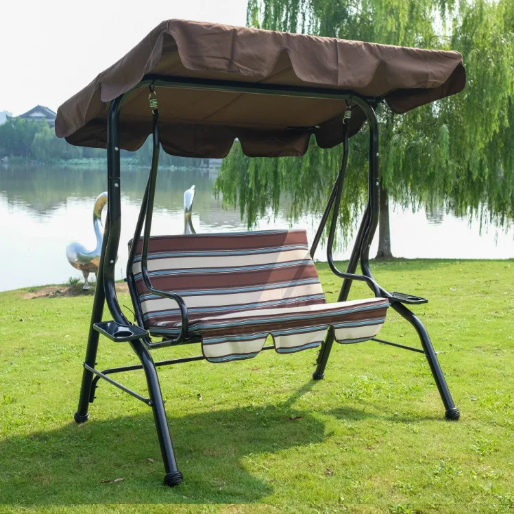 Universal Modern Color Stripe Swing Chair Iron Stand Waterproof Cushion 3-Seater For Garden Patio Park Hotel Home