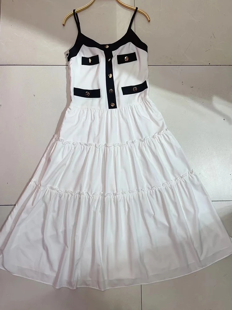 レトロなコントラストのセクシーなサスペンダー A ライン スカート ハイウエストとスリムな木製耳が付いた夏の女性の新しいエレガントでファッショナブルなドレス。