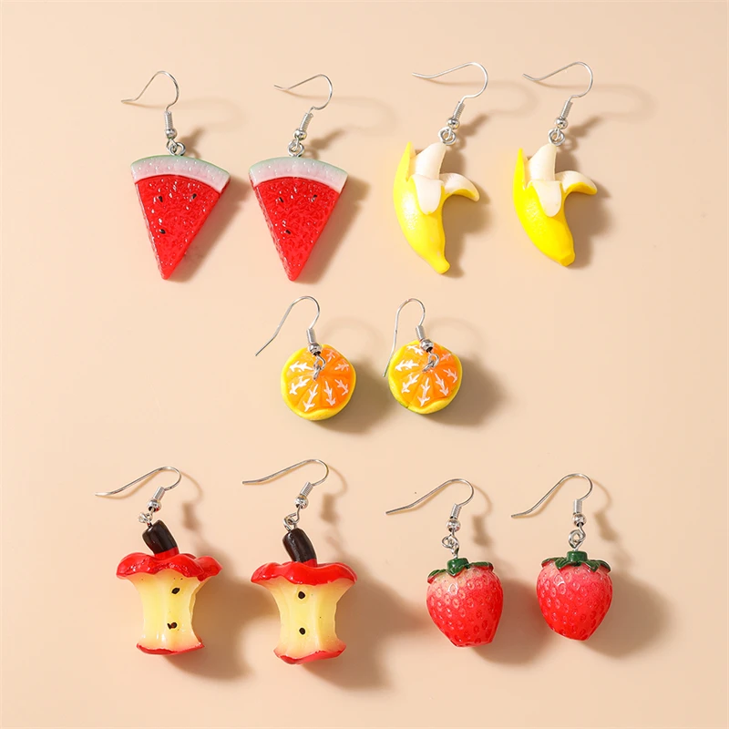 5 Paar/Set Zufällige Niedliche 3D-Frucht-Ohrhänger für Frauen, Harz-Ohrringe mit Apfel, Erdbeere, Banane, Hängende Ohrringe, Schmuckgeschenke für Mädchenpartys – Detail 7