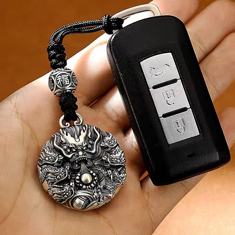 Jiulong Playing Pearl Keychain, men's and women's pendant, safety buckle, talisman, exquisite retro auspicious jewelry