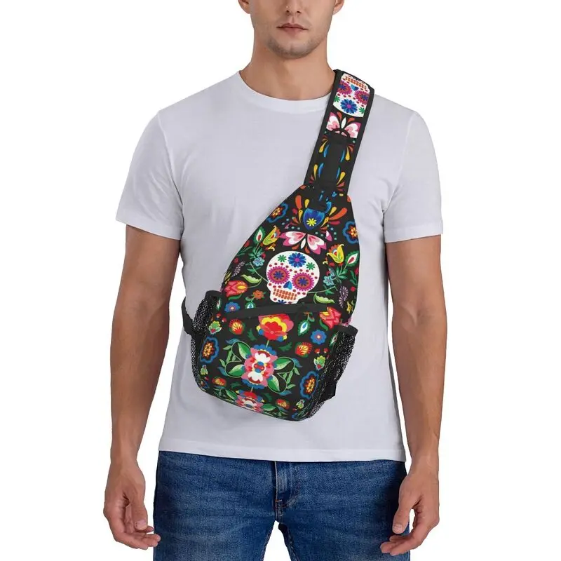 Casual Day Of The Dead Sugar Skulls Sling Crossbody Backpack Men Mexican Flower Shoulder Chest Bag for Traveling