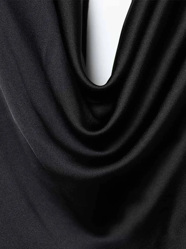 Estilo europeu e americano inverno nova moda na moda simples feminino de manga comprida textura de cetim de seda vestido de gola drapeada