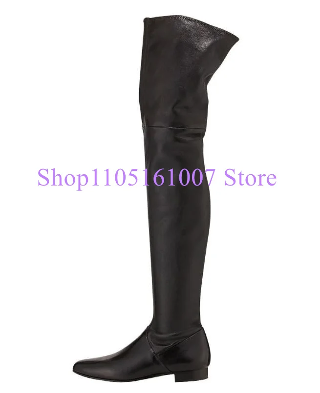 

Black Leather Thigh High Woman Flat Long Boots Fashion Round Toe Lady Knee High Boots Large Size Female Banquet Dress Shoes