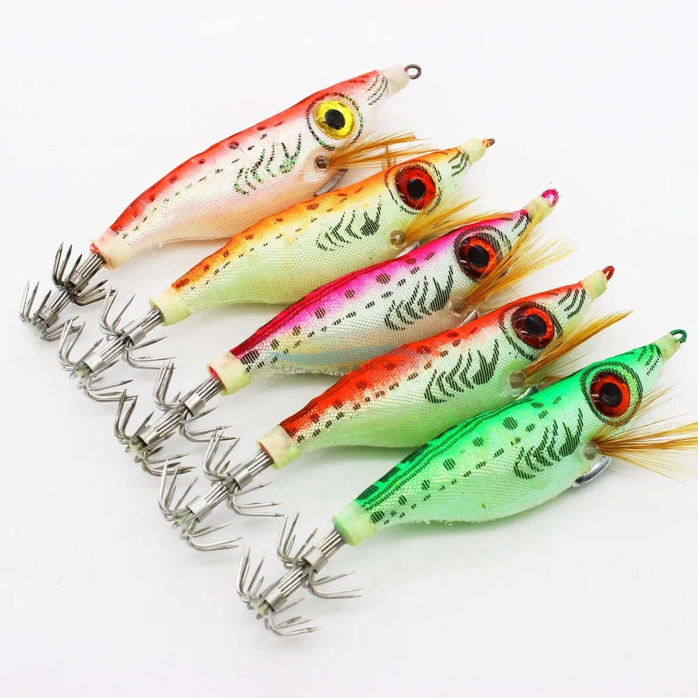 Effective Wooden Shrimp Squid Jig Luminous Wobbler Octopus Lure 5 Color Hard Squid Bait for Lure Fishing